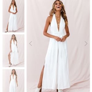White halter open back jumpsuit
